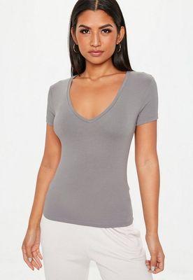 Grey V Neck Fitted T Shirt Clothing Women