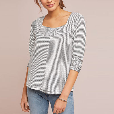 Women Square Neck Long Sleeve Slim Blouse with Striped