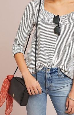 Women Square Neck Long Sleeve Slim Blouse with Striped