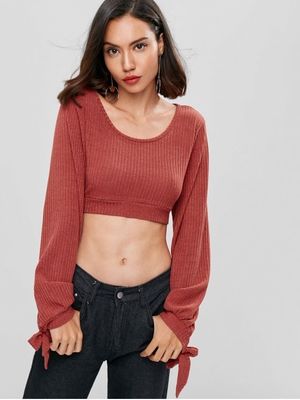 Open Back Knotted Cut Out Long Sleeve Knit Top Women