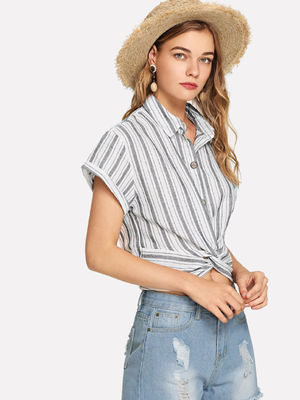 2019 Fashion women stripe design blouse with shirt collar