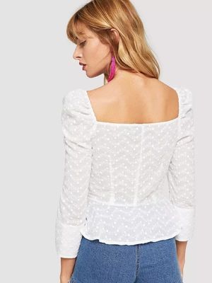 Cotton White Embroidered Button Up Puff Sleeve Women Blouses 2018 New Designs