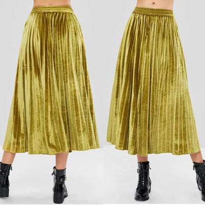 Fall Clothing Women Ladies Harvest Yellow Velvet Maxi Skirt Pleated