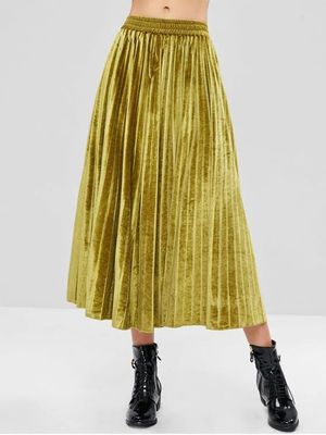 Fall Clothing Women Ladies Harvest Yellow Velvet Maxi Skirt Pleated