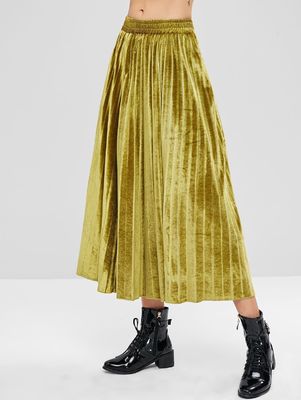 Fall Clothing Women Ladies Harvest Yellow Velvet Maxi Skirt Pleated