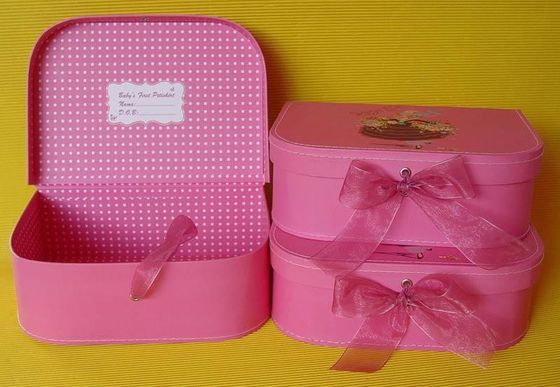 Pink Cardboard Luggage / Suitcase Box with Ribbon Closure and Handle for Children's Toys