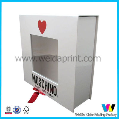 White Rigid Cardboard Paper Packaging Box with Red Ribbon and Clear Window on Top