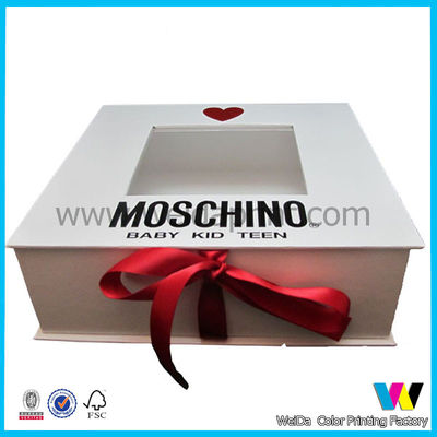 White Rigid Cardboard Paper Packaging Box with Red Ribbon and Clear Window on Top