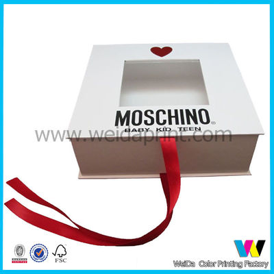 White Rigid Cardboard Paper Packaging Box with Red Ribbon and Clear Window on Top
