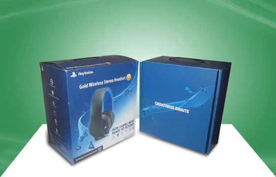 Blue Strong Corrugated  Paper Packaging Boxes With Plastic Handle For Ear - phone