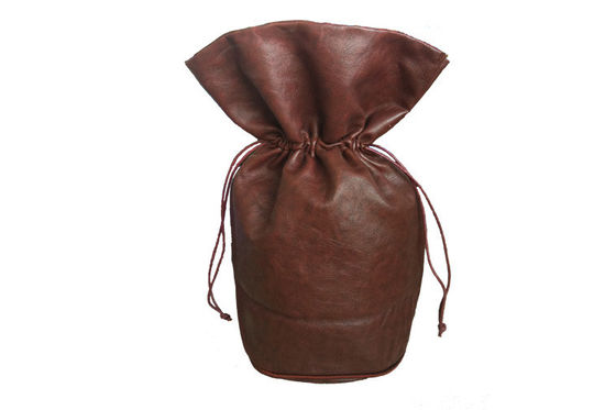 Round Base Pu Leather Drawstring Pouch Silkscreen Logo 17.5x25x11cm