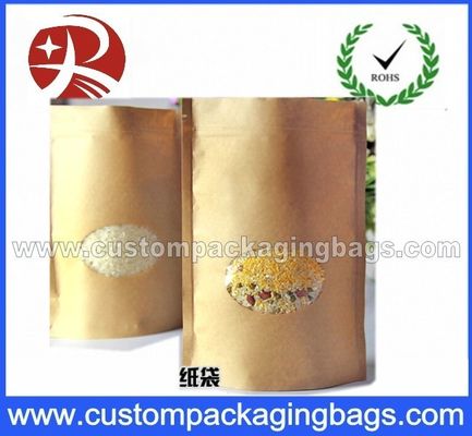 Laminated Zip Lock Kraft Paper Stand Up Pouches For Food With Ground Clear Window