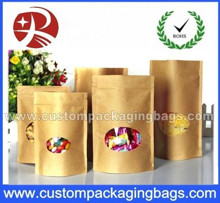 Laminated Zip Lock Kraft Paper Stand Up Pouches For Food With Ground Clear Window