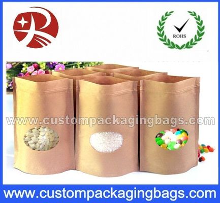 Laminated Zip Lock Kraft Paper Stand Up Pouches For Food With Ground Clear Window