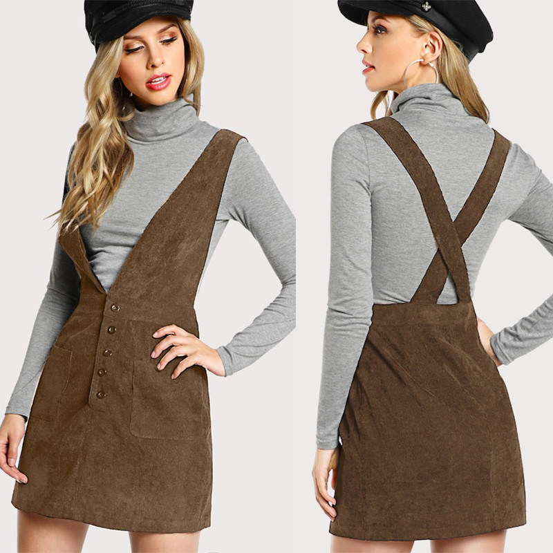Autumn Design Crisscross Buttoned Plunge Pinafore Corduroy Dress