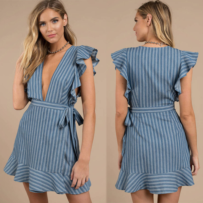 Sexy Deep V Neck Ladies Ruffles Wrap Dress Mini