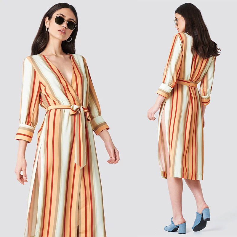 2018 Striped Kimono Multicolor Women Autumn Dress