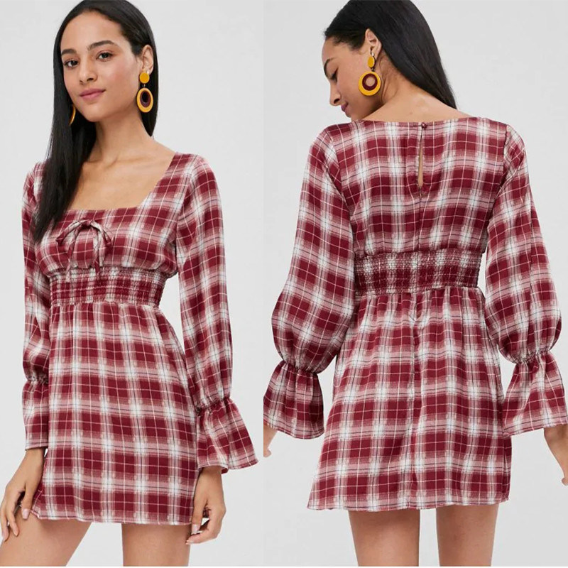 Womens Apparel Square Neck Checked Mini Empire Waist Dress
