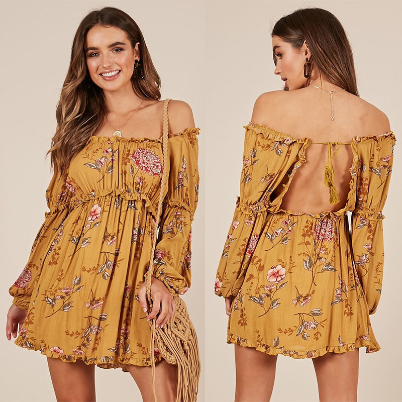 Boho Summer Printed Mustard Floral Mini Women Casual Dresses