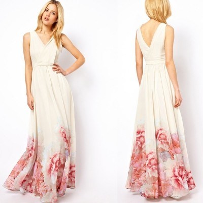 Elegant V Neck Sleeveless Floral Printed Maxi Bohemian Woman Dress