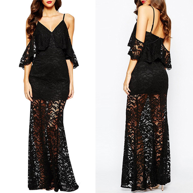 Elegant Black Sexy Long Lace Maxi Evening Dresses