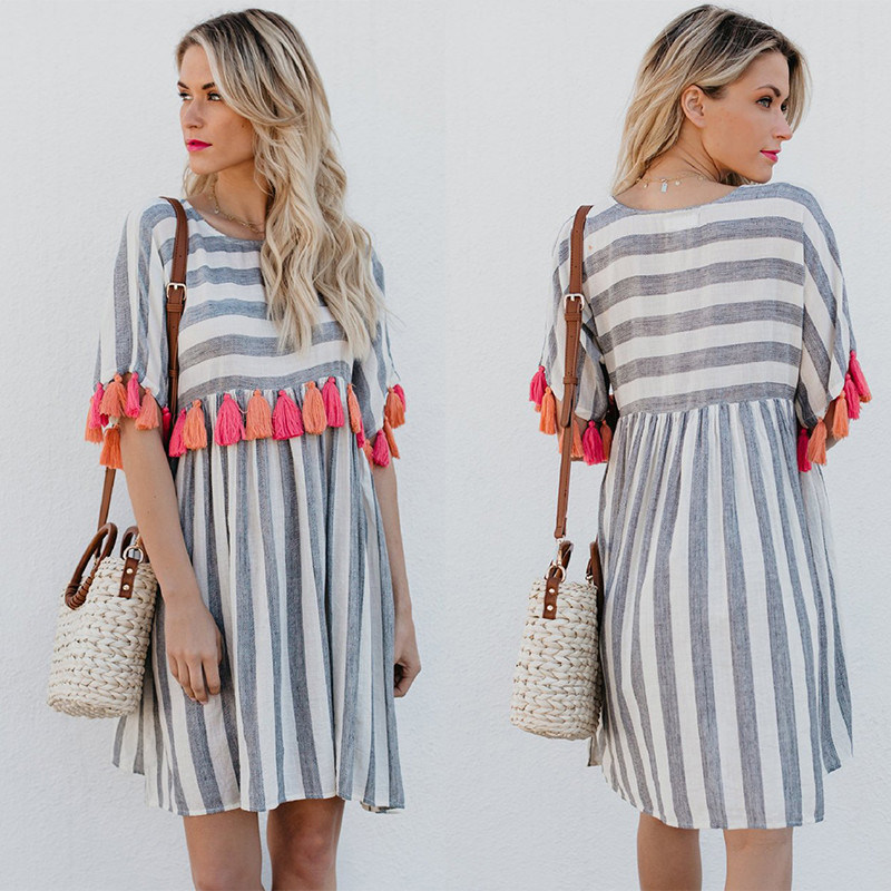 Women Casual Striped Dresses With Color Tassel