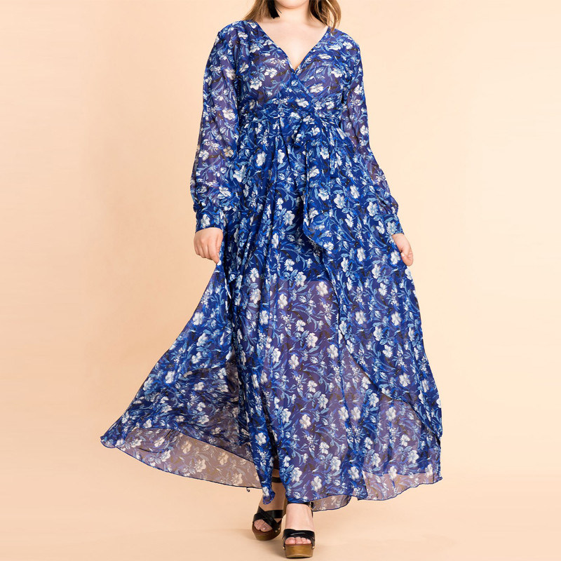 New arrival plus size dress floral print long sleeve maxi dress