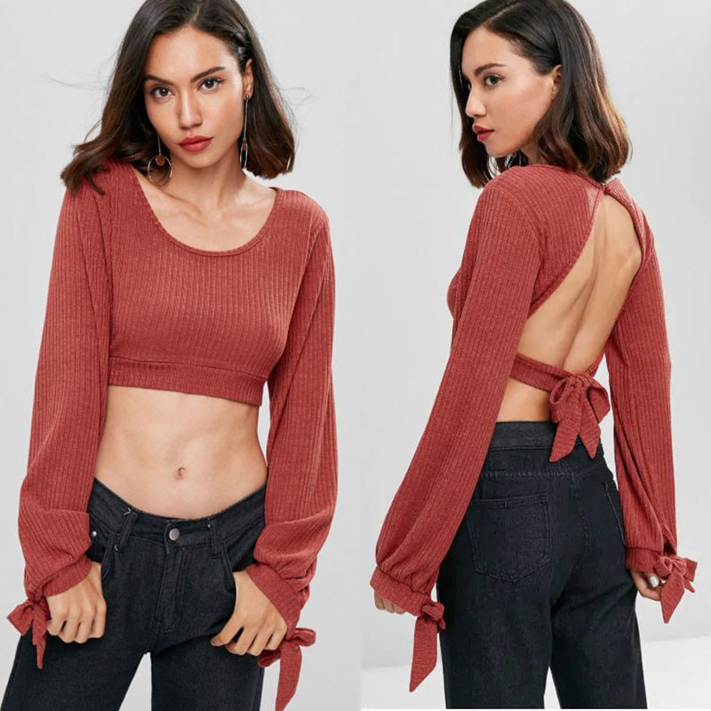 Open Back Knotted Cut Out Long Sleeve Knit Top Women