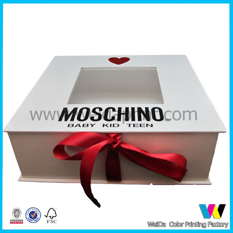 White Rigid Cardboard Paper Packaging Box with Red Ribbon and Clear Window on Top